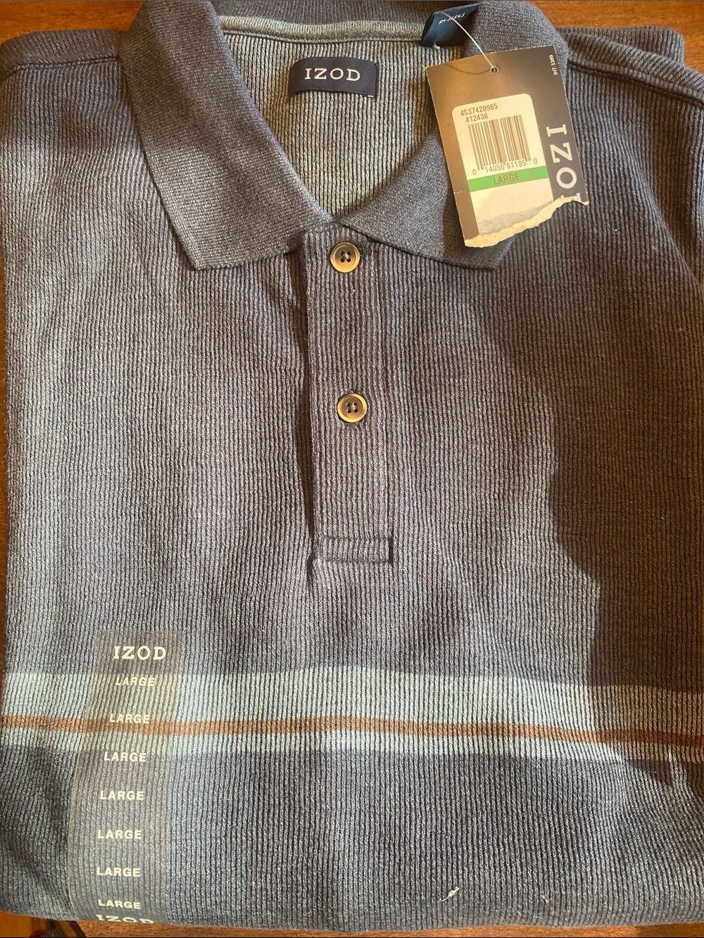 Izod Men’s Navy and Light Blue Striped Long-sleeve Polo